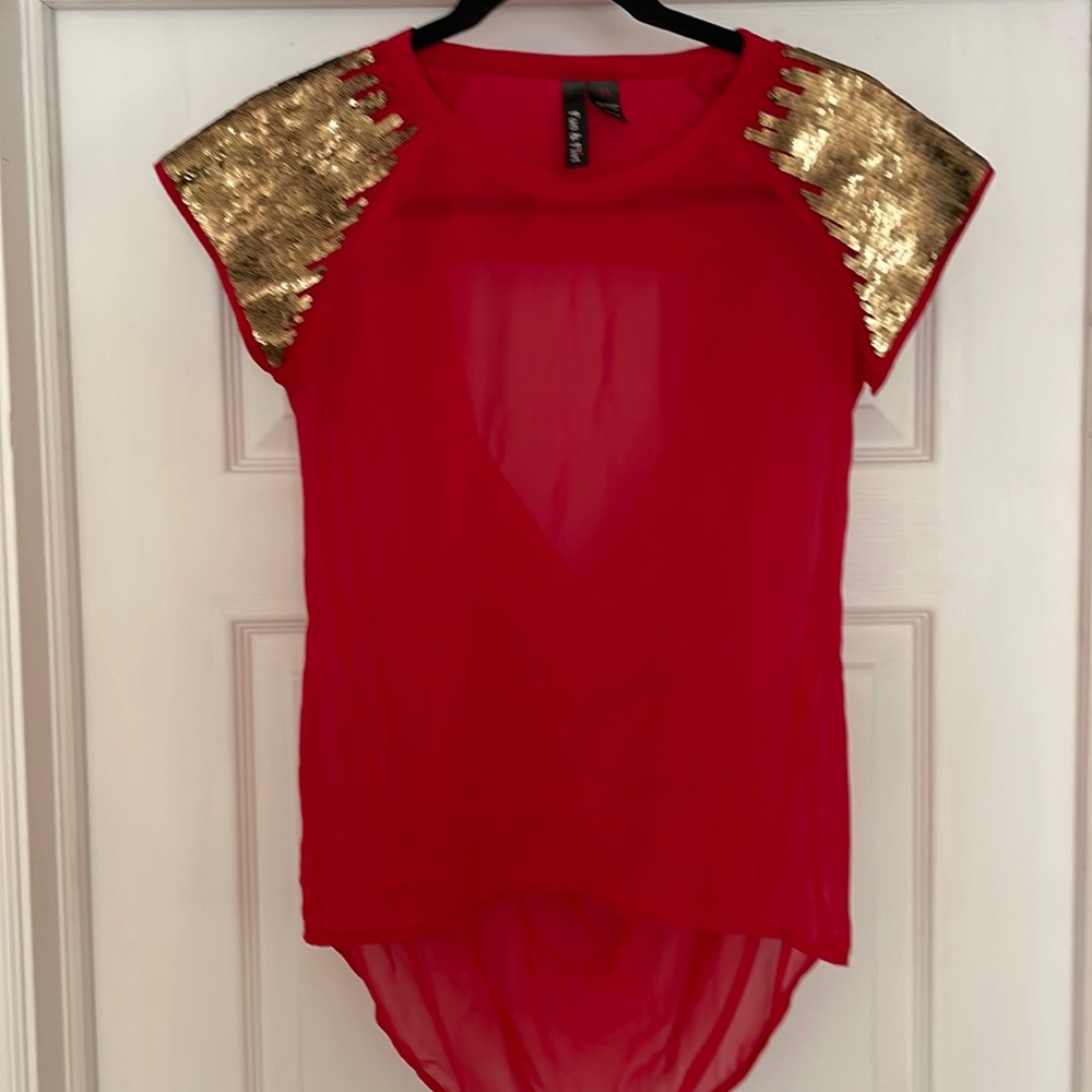 Red blouse- sequin sleeves and cut out back